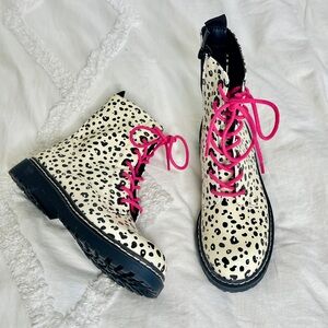 NWOT Betsey Johnson Yellow with pink leopard lace combat boots size 6.5